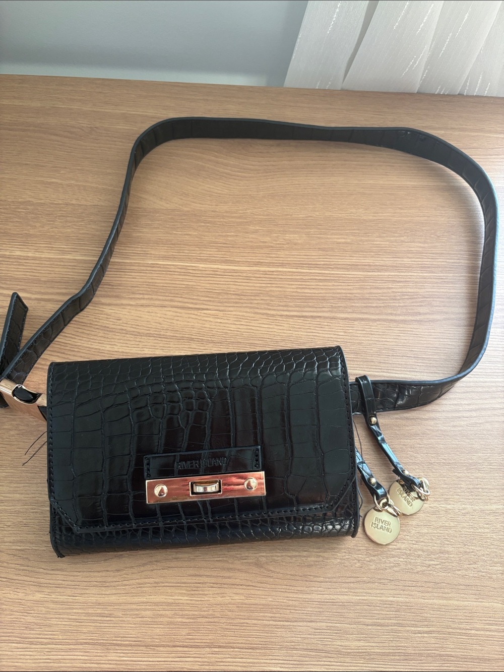 River Island Black Croc-Embossed Crossbody with Gold Hardware